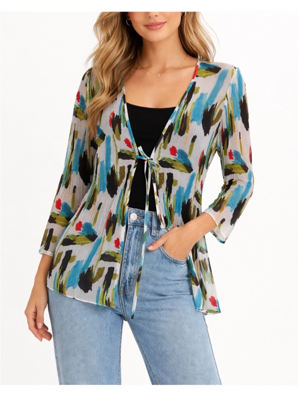 Cato XL Abstract Print Tie Front Sheer Cardigan Open Jacket